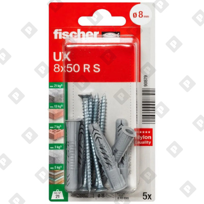 Универсальный дюбель Fischer UX 8x50 R S K с потайным шурупом, упаковка блистер 5 шт - №1